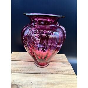 Vintage FENTON Feather Ribbed Optic Cranberry Glass Vase